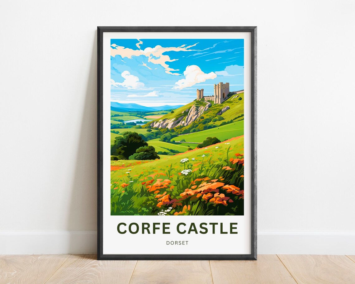 Corfe Castle Dorset English Hilltop Ruins Wildflower Meadow Poster