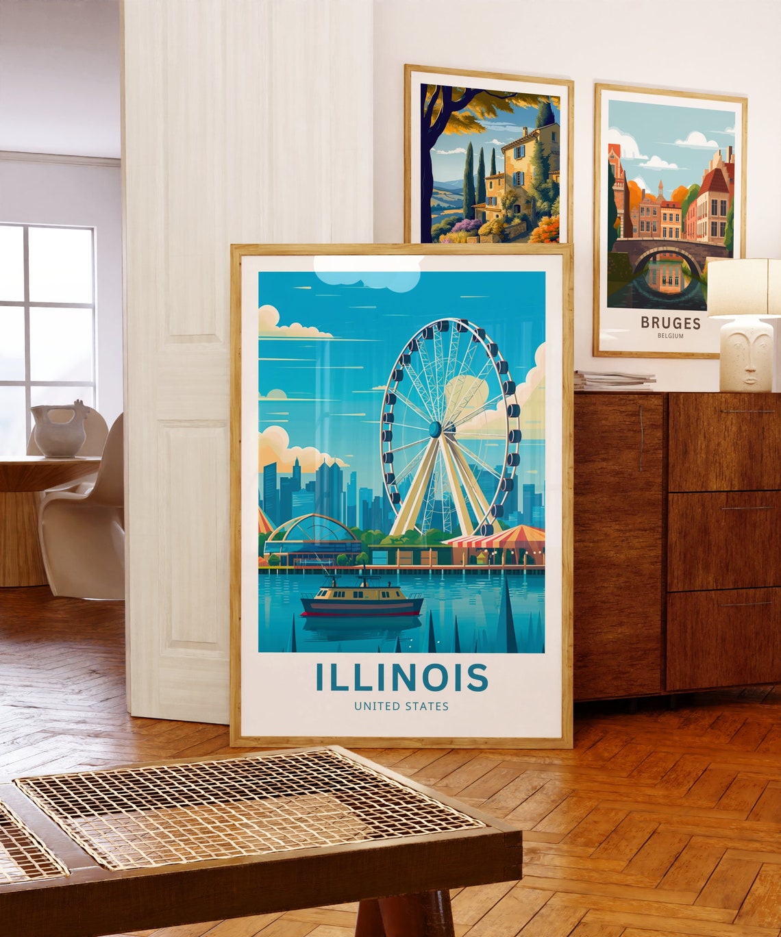 Illinois Chicago Navy Pier Ferris Wheel Illustrated Travel Poster - Image 5