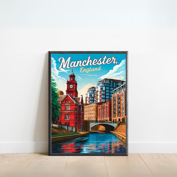 Manchester England Vintage Travel Poster Red Clock Tower Canal