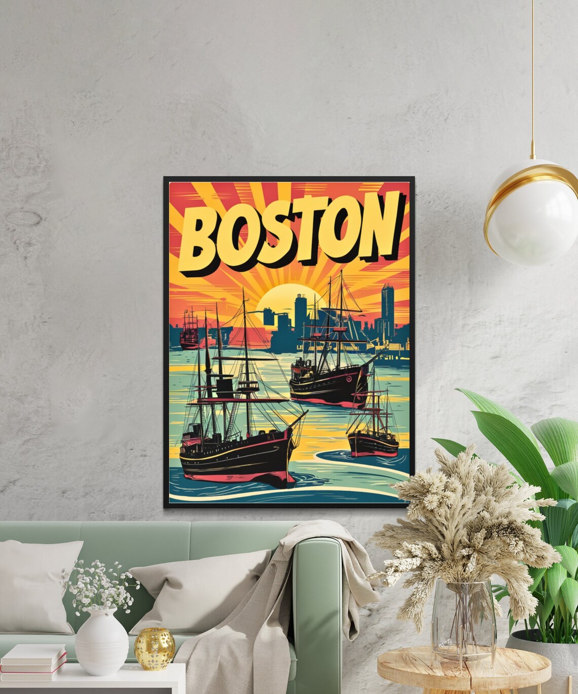 Boston Retro Sunset Tall Ships Harbor Skyline Vintage Travel Poster - Image 2