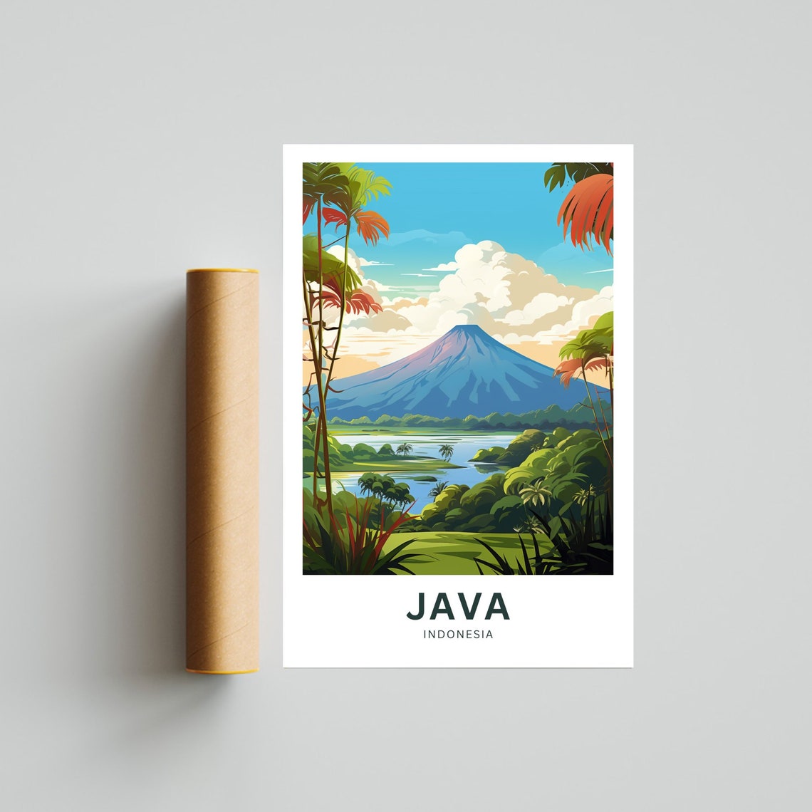 Java Indonesia Volcano Lake Jungle Palms Landscape Scene Poster - Image 4
