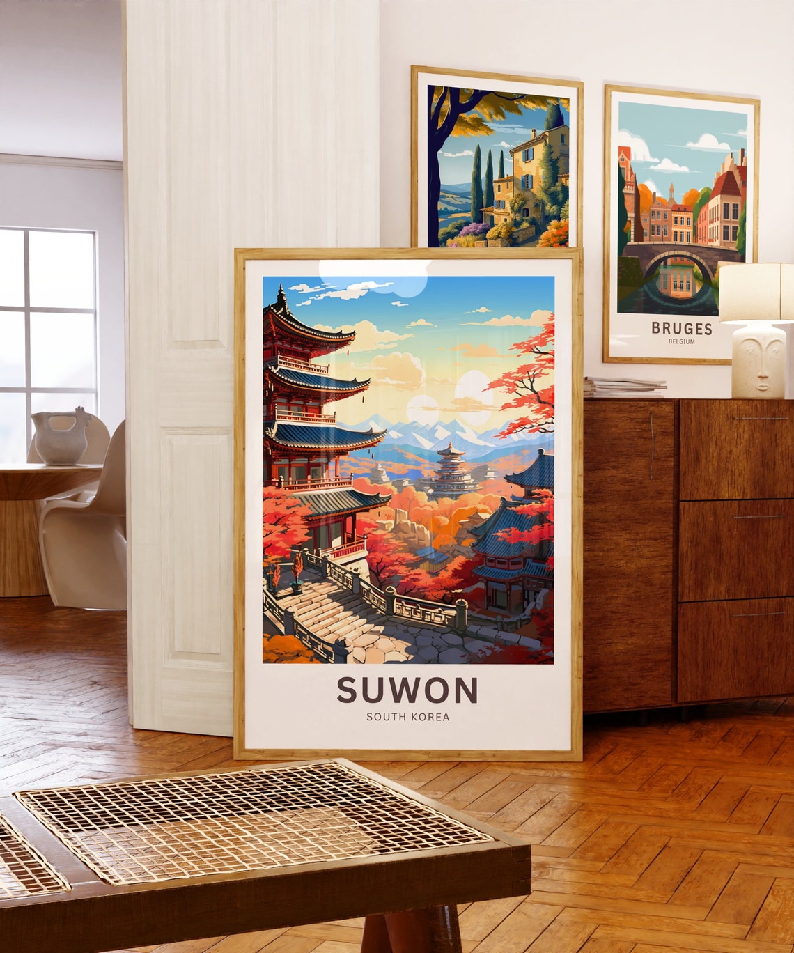 Suwon South Korea Autumn Maple Temple Pagoda Sunset Travel Poster - Image 5