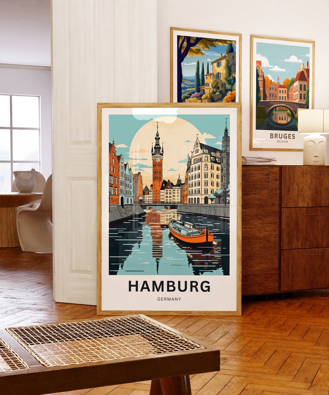 Hamburg Germany Sophisticated Clock Tower Canal Views Poster - Image 5
