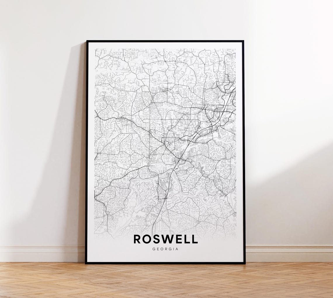 Roswell Georgia Minimalist Street Map Black And White Line Print