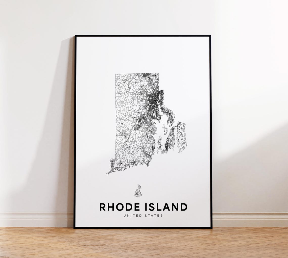Rhode Island State Road Map Minimalist Black Line Art Poster