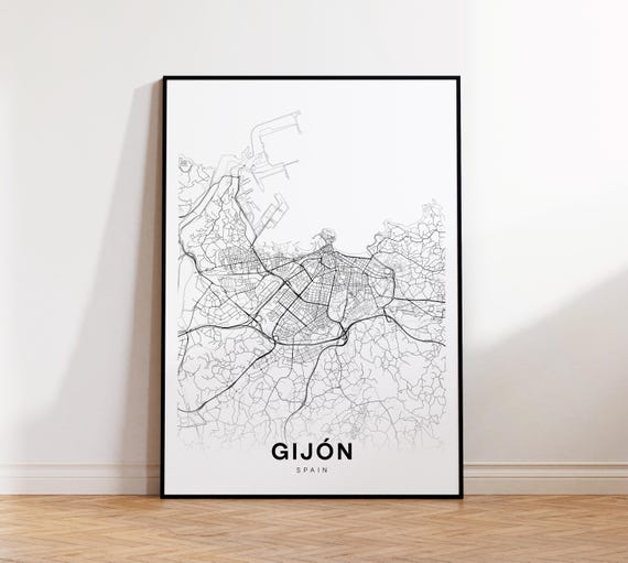 Gijon City Map Gijn Spain Wall Art Minimalist Print Modern Decor Street Gift For Bff Instant