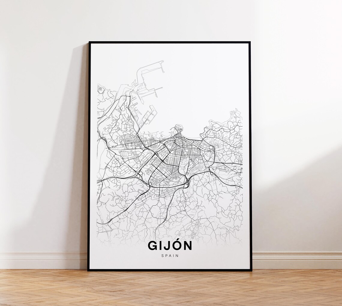 Gijon Spain Minimalist Black and White Street Map Art Poster