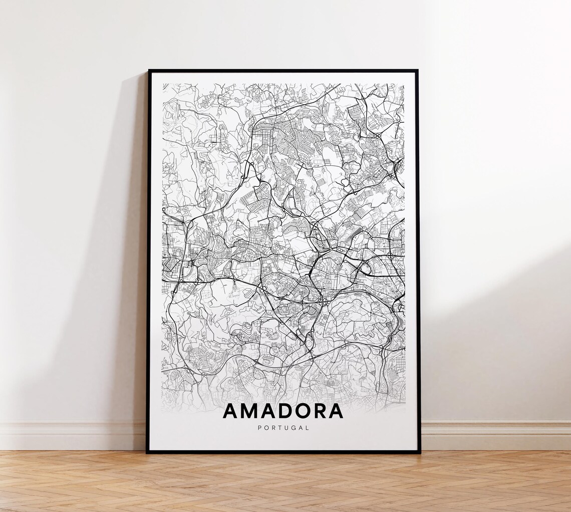 Amadora Portugal Detailed Street Map Minimalist Monochrome Art Poster