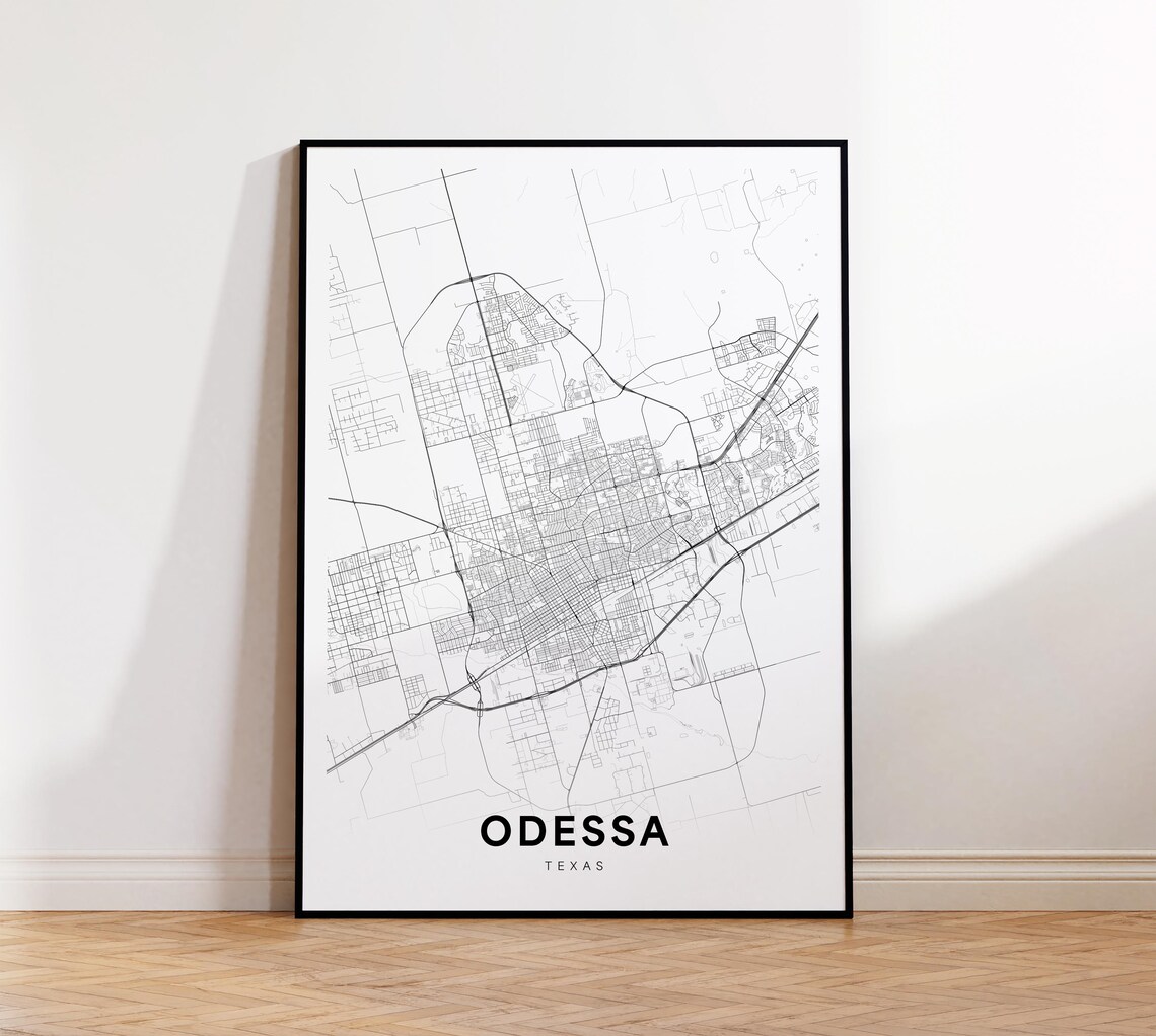 Odessa Texas Minimalist City Street Map Poster Black White Road Art
