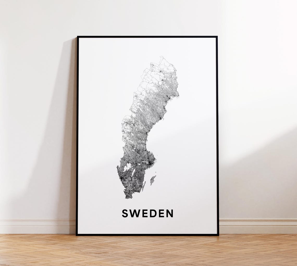 Sweden Map Print Road Poster Country Black And White Minimalist Scandinavian Style Wall Art