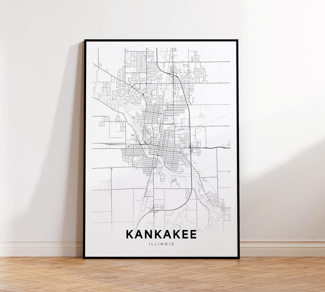 Kankakee Illinois Street Map Minimalist Black White City Poster