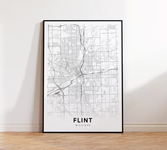 Flint City Map Poster Michigan Print Minimalist Street Modern Wall Art Black And White Decor