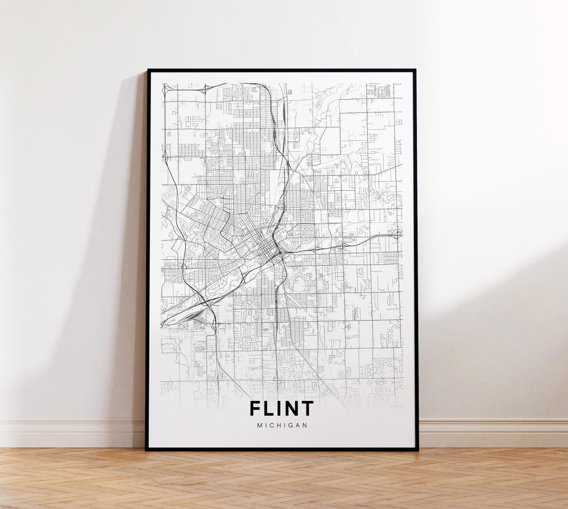 Flint City Map Poster Michigan Print Minimalist Street Modern Wall Art Black And White Decor