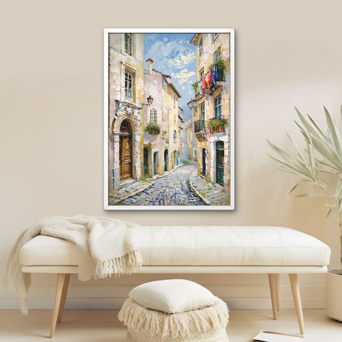 Sunlit European Cobblestone Street Impressionist Alleyway Poster Art