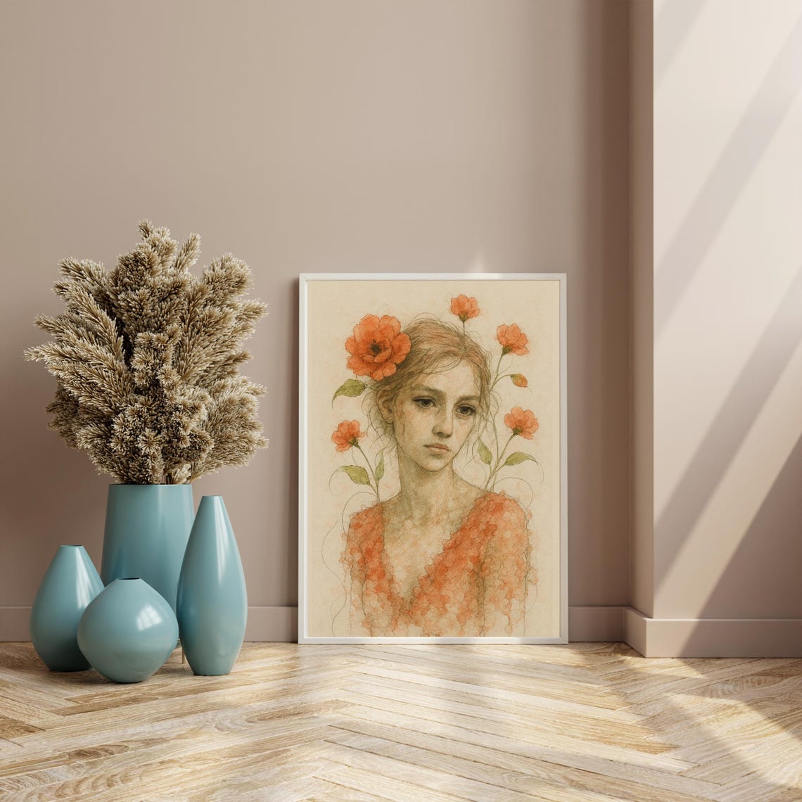 Poppy Flower Woman Portrait, Renaissance Style - Image 3