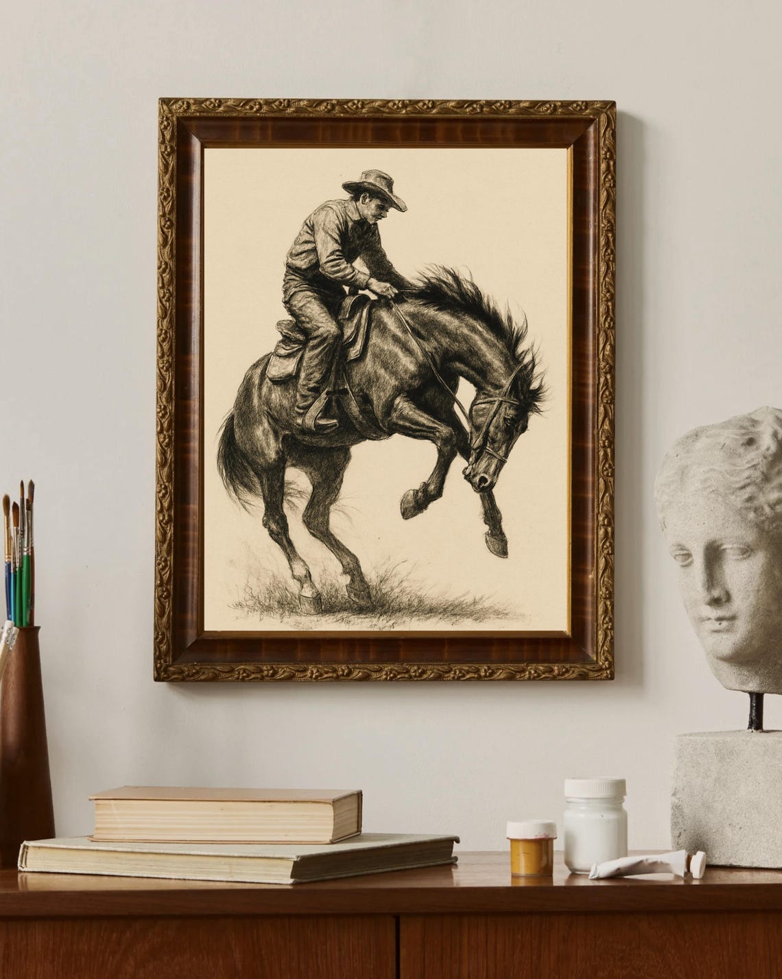 Western Cowboy Bronc Rider Sketch, Vintage Rodeo Art - Image 5