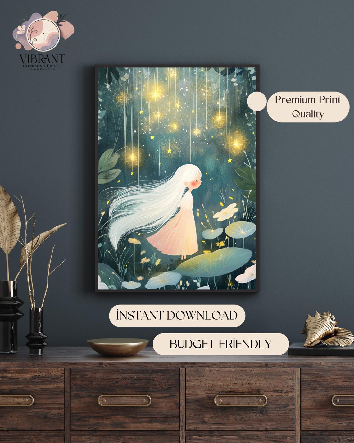 Dreamy Starry Night Forest, Whimsical Girl Illustration - Image 5