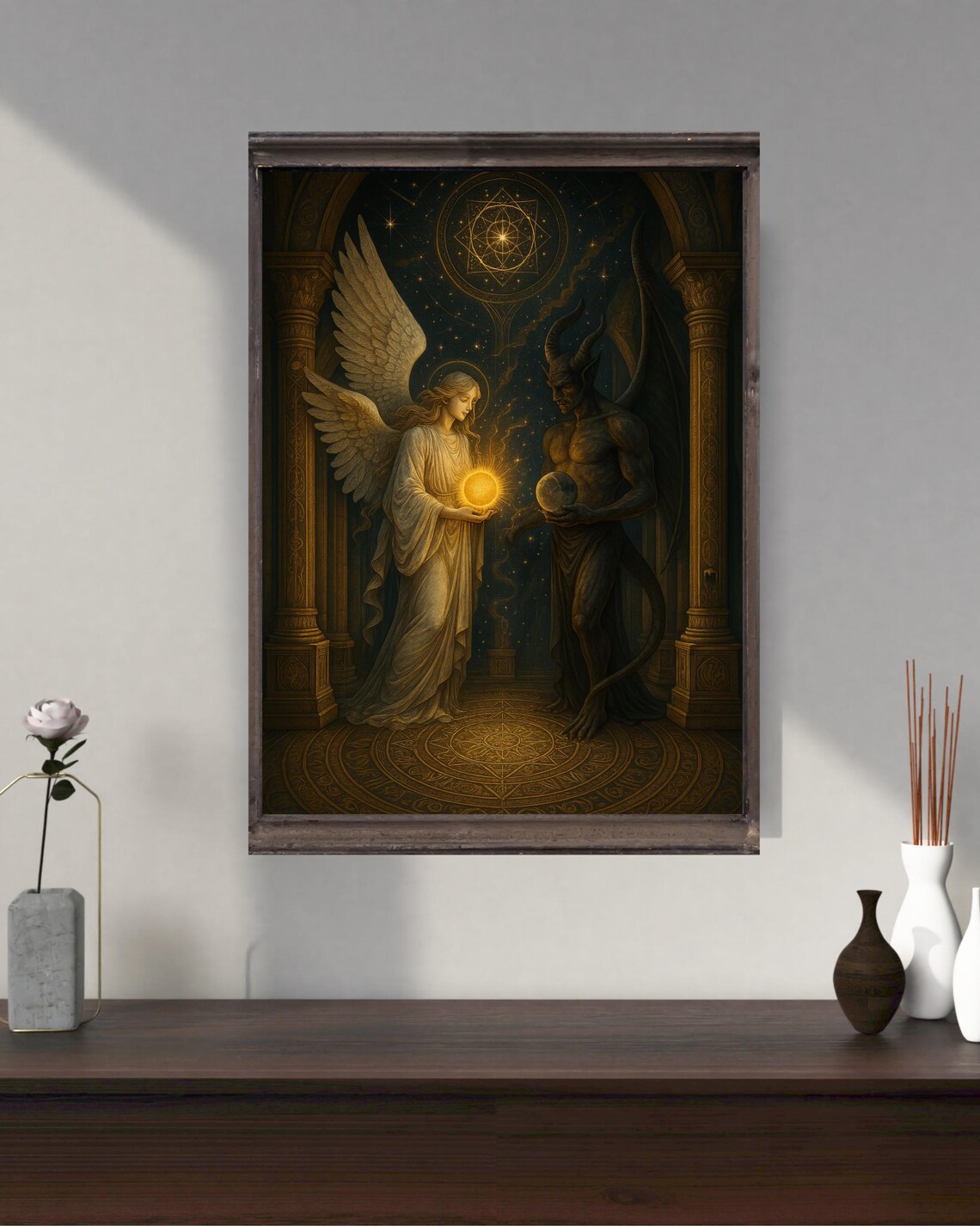 Angel And Demon Fantasy, Mystical Light And Dark Balance Art Print - Image 4