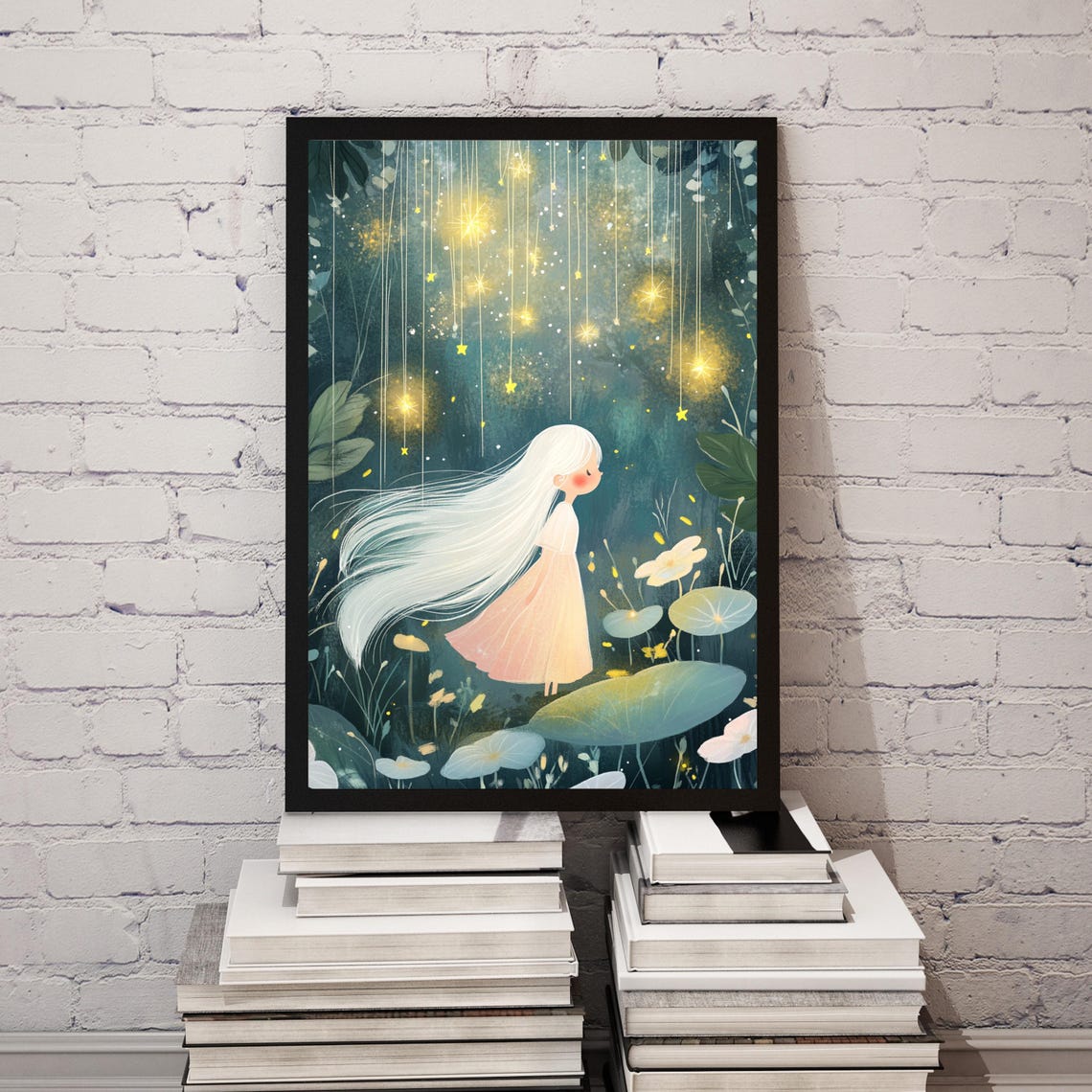 Dreamy Starry Night Forest, Whimsical Girl Illustration - Image 2