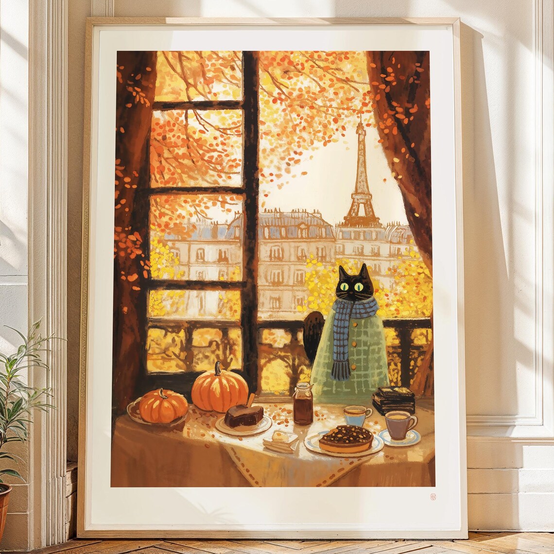 Fall Parisian Cat Art Print, Whimsical Watercolor - Image 2
