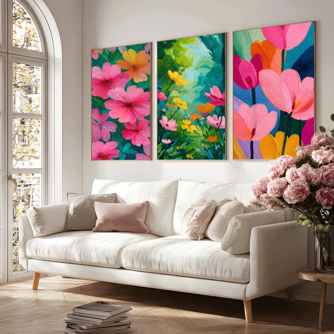 Set Of 3 Vibrant Cosmos Wildflower Tulip Garden Floral Art Poster