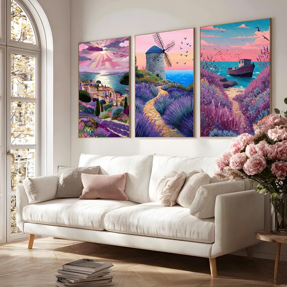 Set Of 3 Mediterranean Lavender Windmill Seaside Boat Coast Art Poster