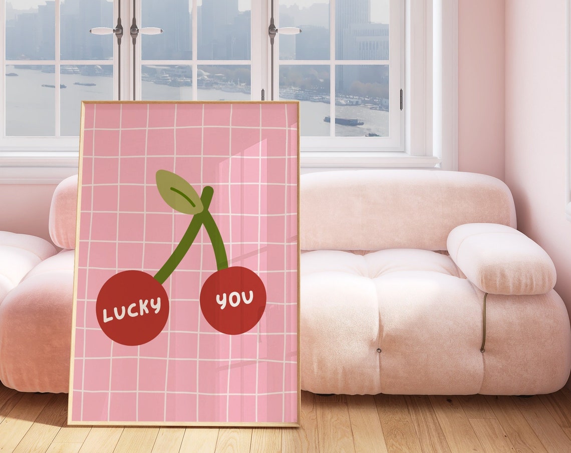 Lucky You Cherry Fruit Retro Pink Grid Cute Food Kitchen Art Poster - Image 3