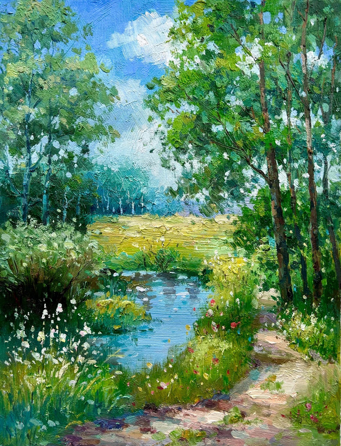 Forest Path Along Blue Pond With Wildflowers Summer Landscape Poster - Image 5