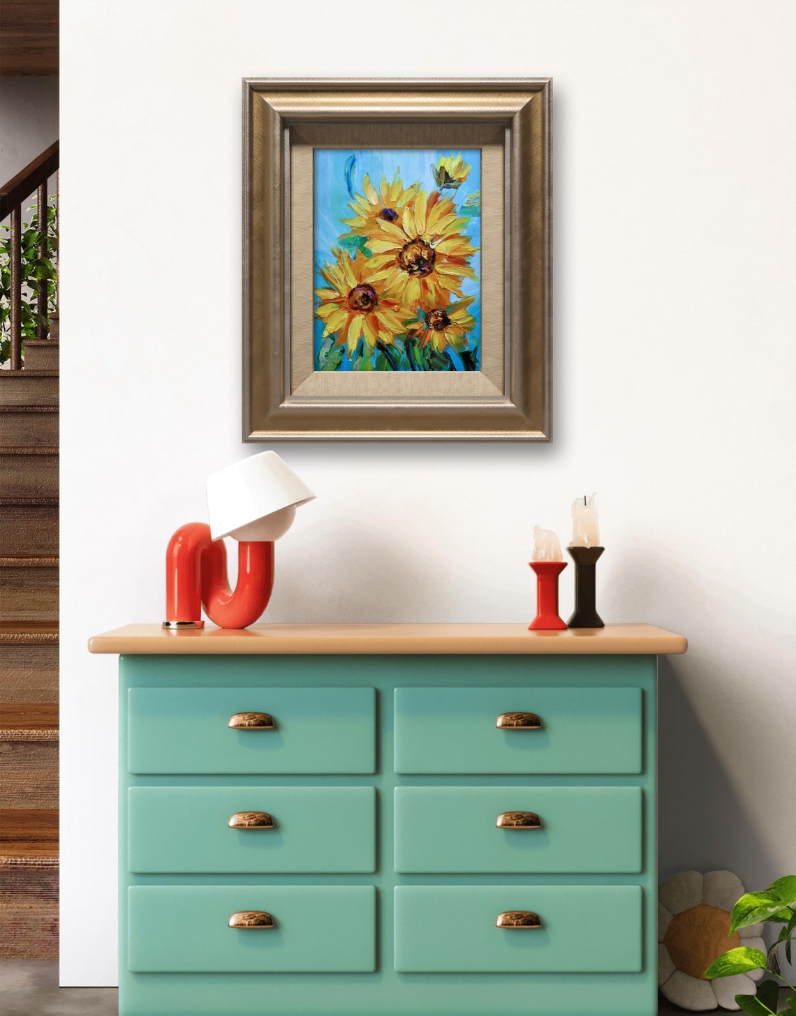 Yellow Sunflowers Oil Painting Blue Background Bright Floral Poster - Image 2