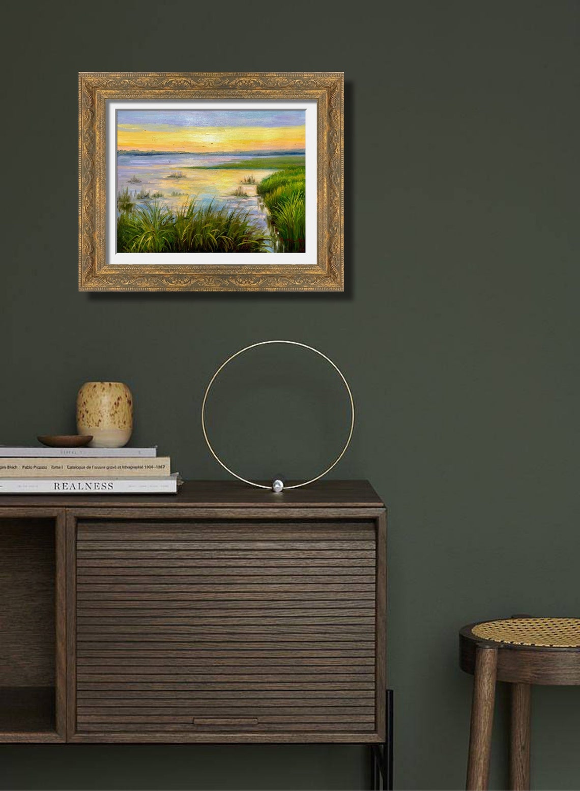 Golden Marsh Sunset Lake Reflection Reeds Wetland Oil Poster - Image 2