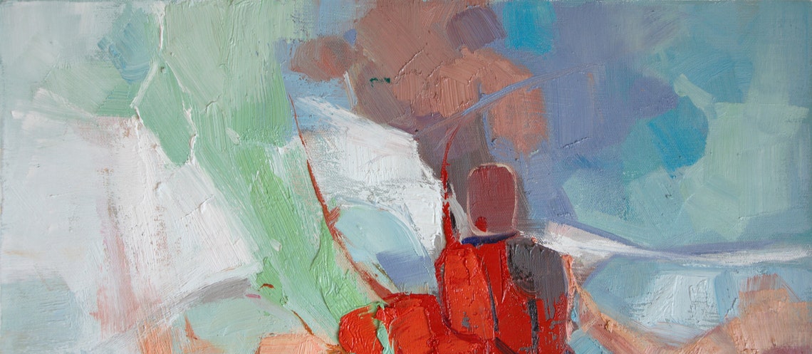 Framed Red Green Pastel Abstract Modern Oil Painting Art Print - Image 3