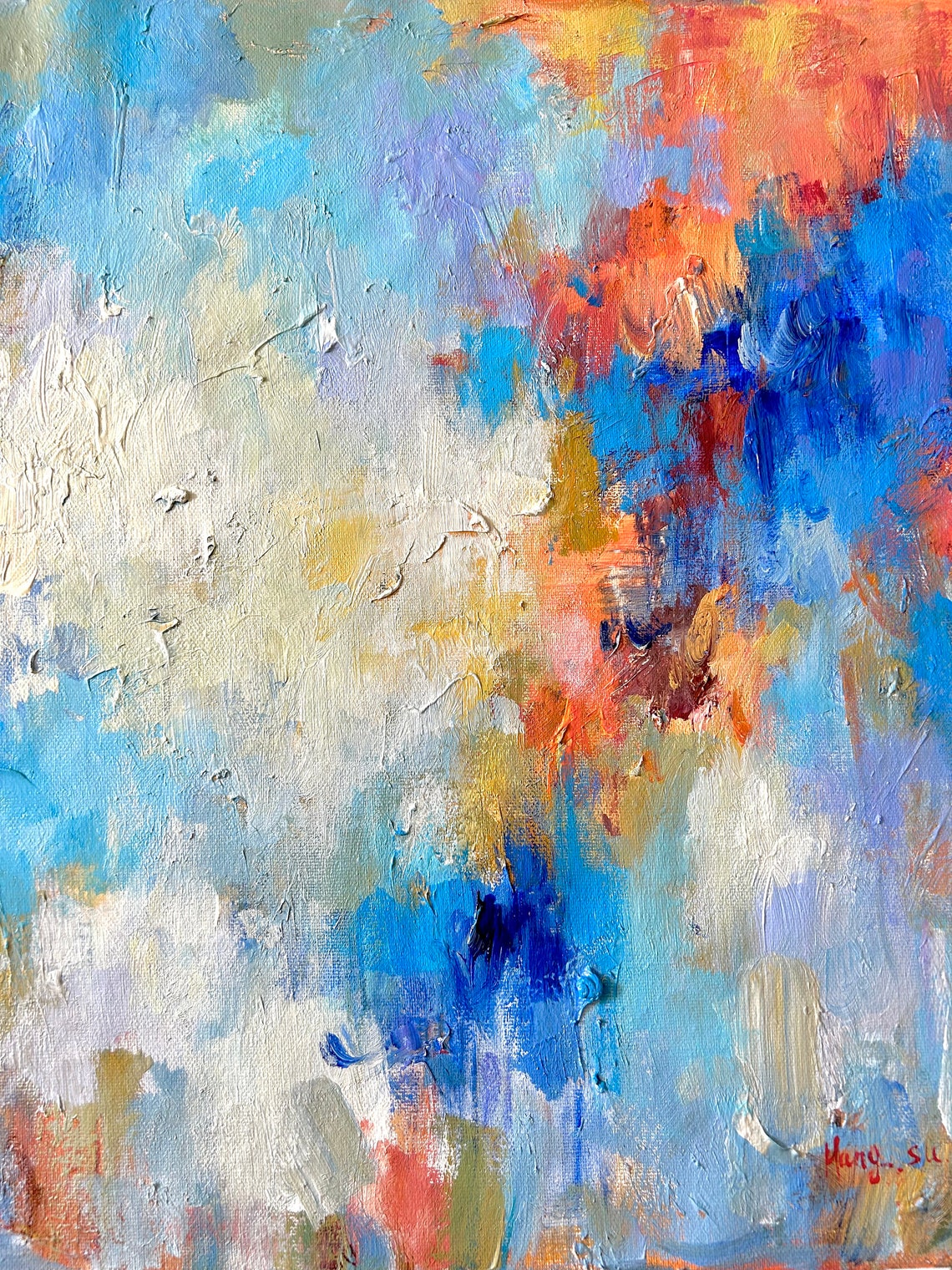 Bright Colorful Abstract White Blue Orange Modern Canvas Art Print - Image 4