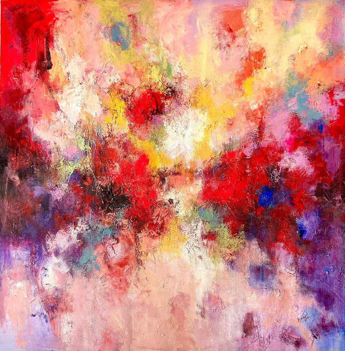Fiery Red Pink Yellow Abstract Cloud Oil Painting Modern Print - Image 4