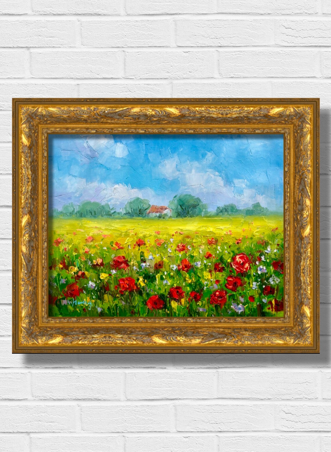 Red Poppies In Summer Field With Farmhouse Blue Sky Oil Poster