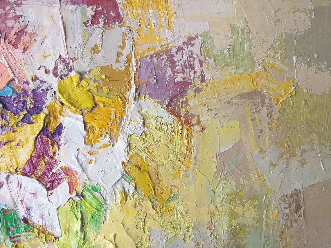 Colorful Impasto Yellow Pink Abstract Floral Modern Art Print - Image 3