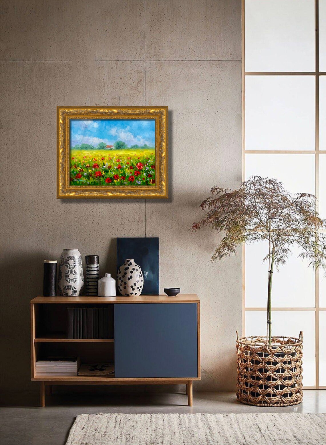 Red Poppies In Summer Field With Farmhouse Blue Sky Oil Poster - Image 2