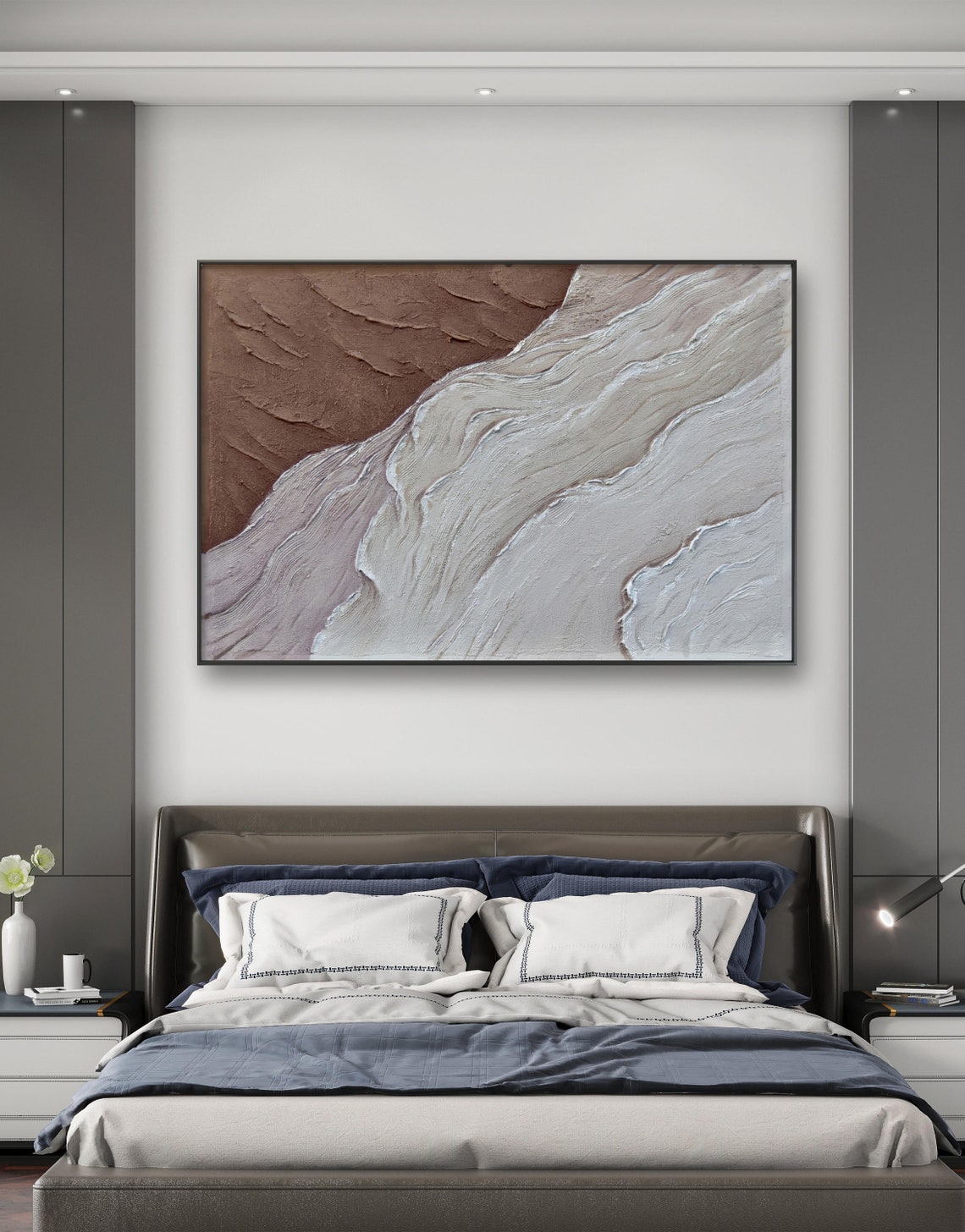 Minimalist Brown And White Textured Wave Abstract Painting Print - Image 3