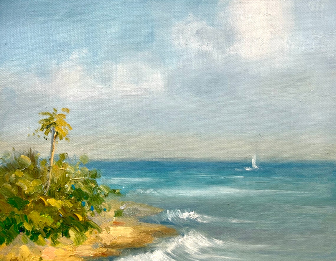 Tropical Coastline Red Flowers Sailboat Ocean View Oil Poster - Image 5