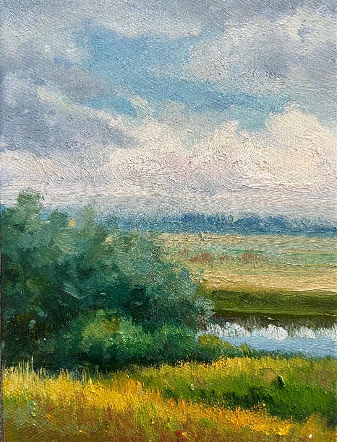 Summer River Meadow Oil Painting Green Banks Blue Sky Calm Water Poster - Image 5