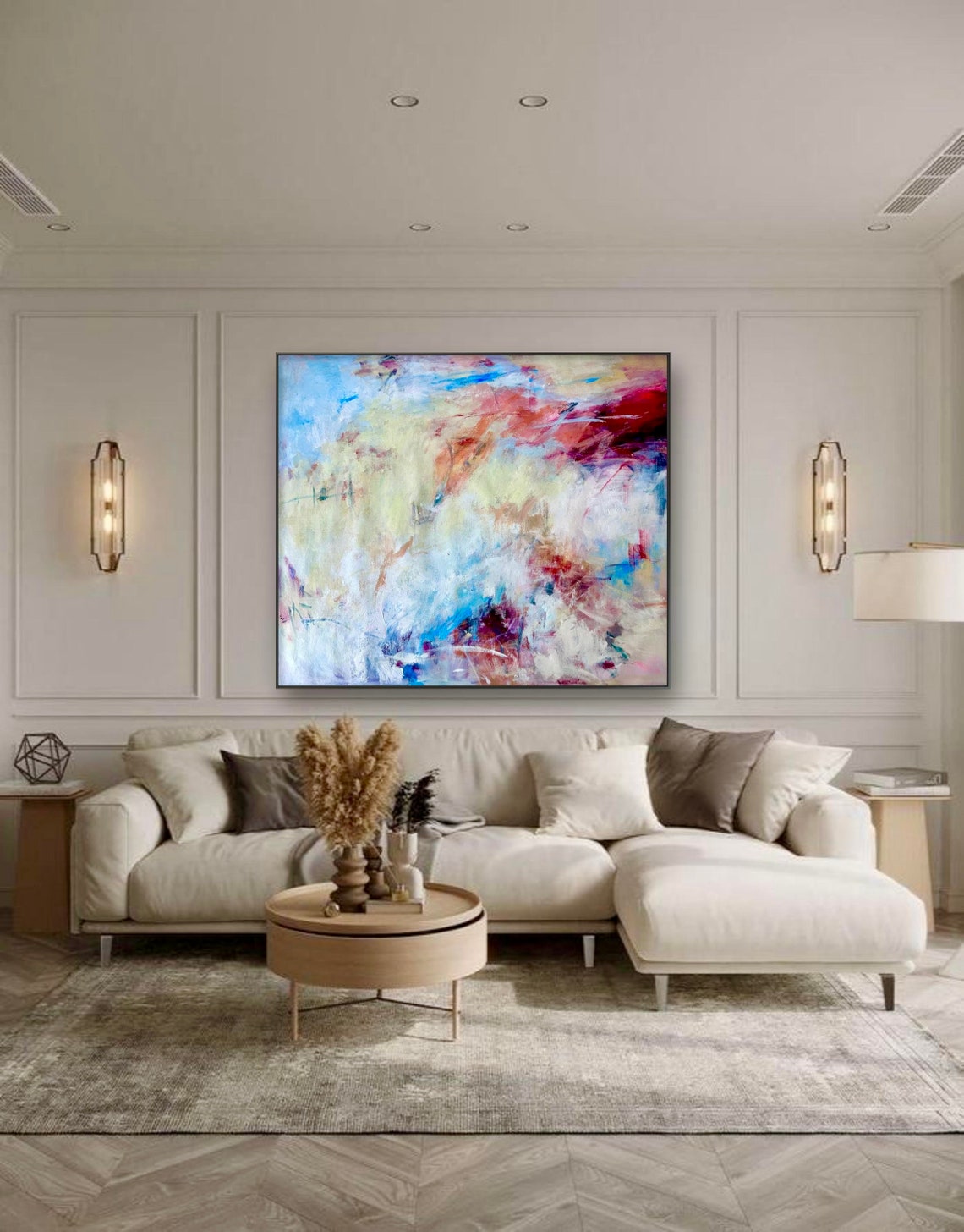 Neutral Abstract White Blue Crimson Soft Contemporary Art Print - Image 2