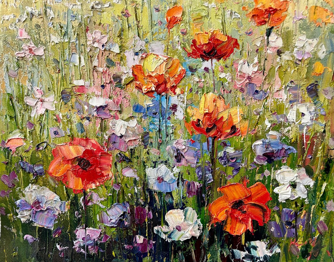 Wildflower Meadow Oil Painting Red Poppies Blue Sky Summer Poster - Image 3