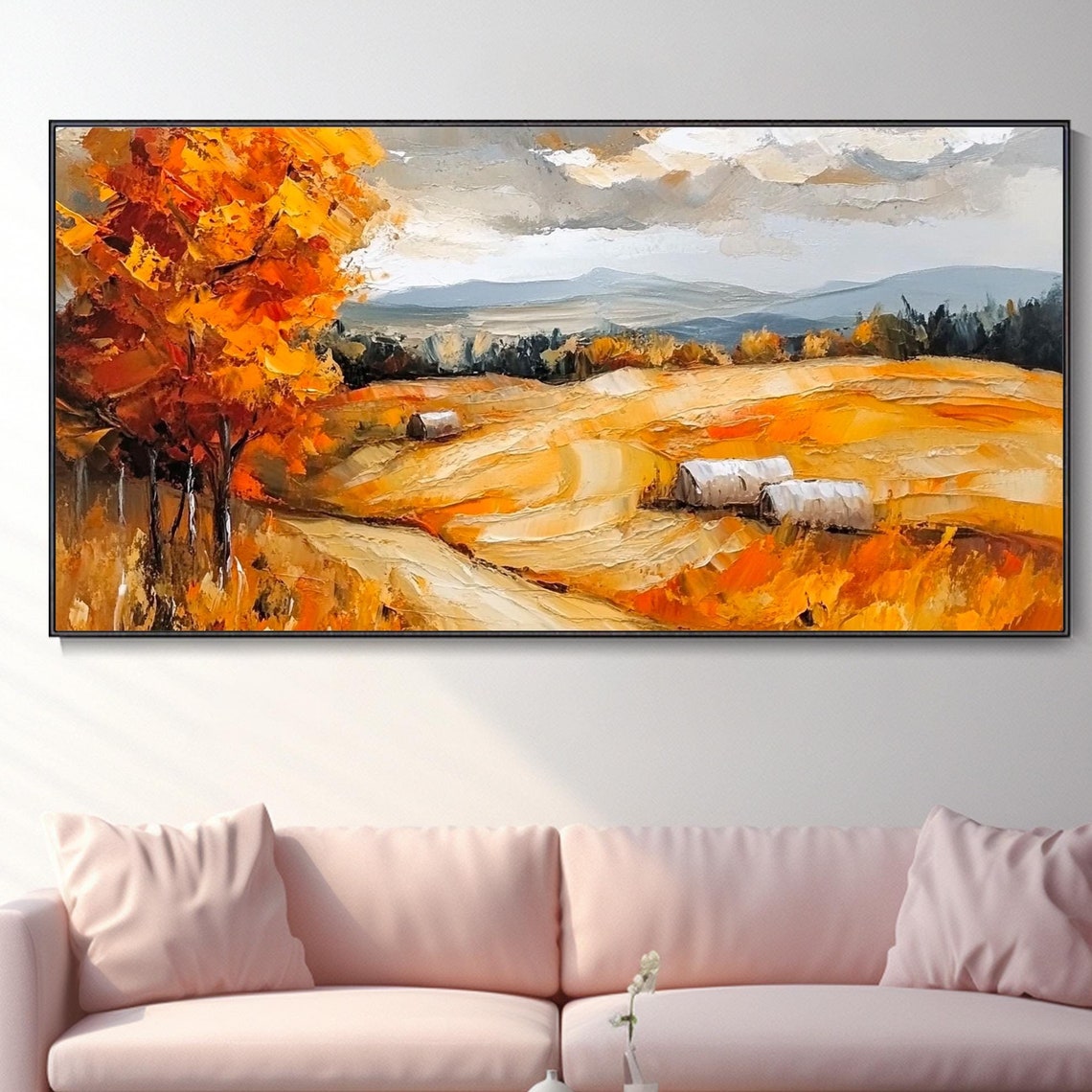 Golden Wheat Fields With Hay Bales Autumn Harvest Landscape Poster