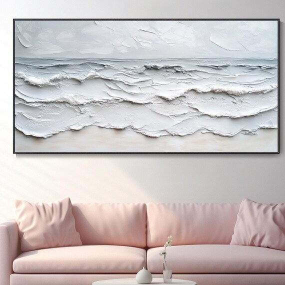 Minimalist White Textured Ocean Waves Calm Serene Coastal Poster