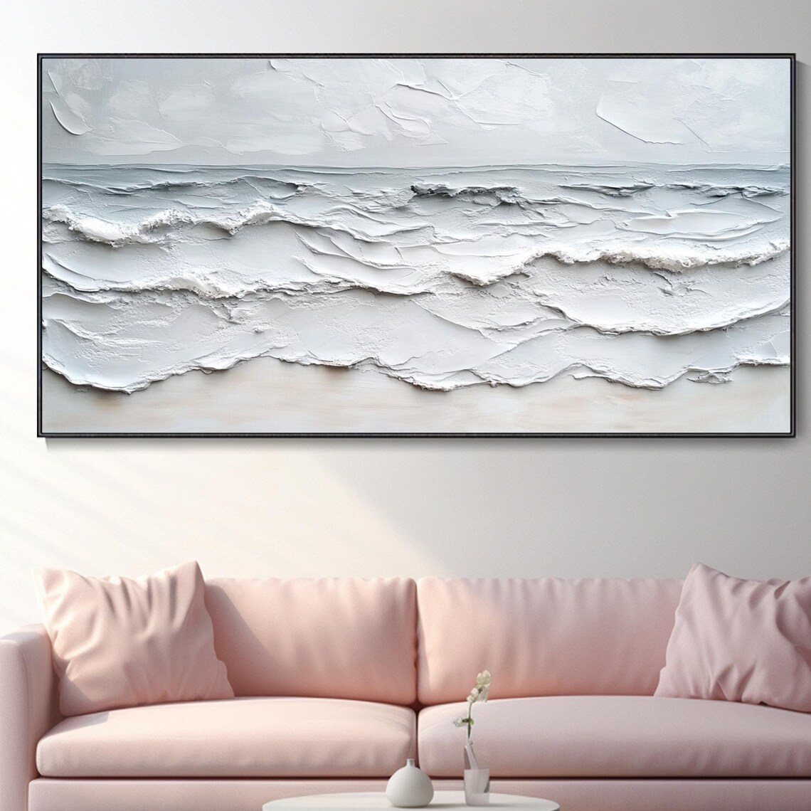 Minimalist White Textured Ocean Waves Calm Serene Coastal Poster