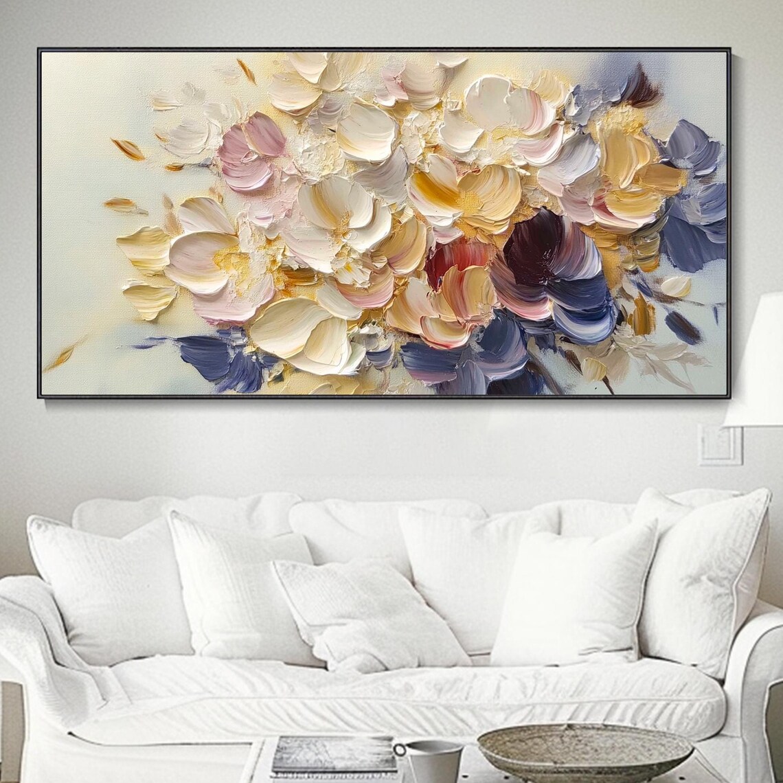Cream Gold And Blue Abstract Floral Heavy Impasto Painting Poster