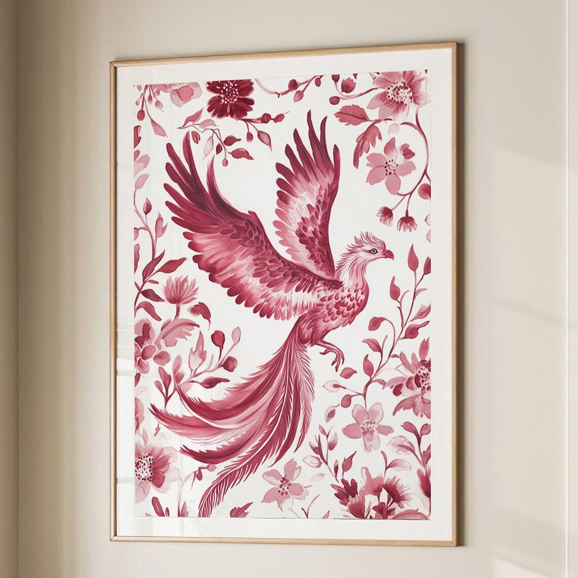 Elegant Crimson Phoenix Rising Among Flowers Watercolor Poster