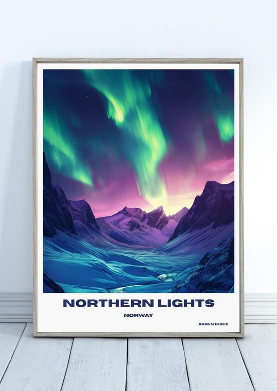 Northern Lights Art Print Travel Poster Wall Norway Scandinavia