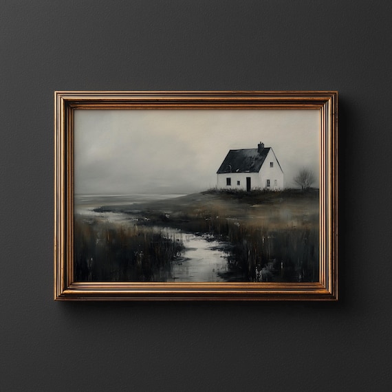 Moody White Farmhouse on Marsh Hill Foggy Monochrome Landscape Oil Poster