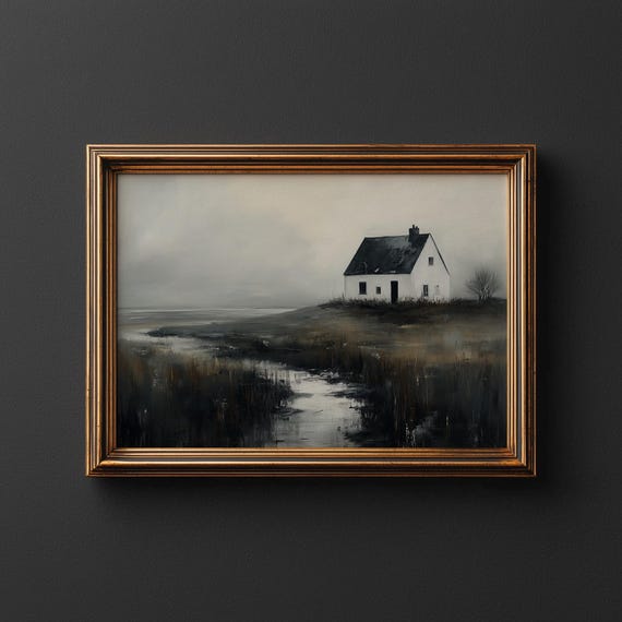 Rustic Cottage Landscape With White House Moody Wall Art Country Decor Earthy Winter Scene Painterly Oil Strokes Print 195
