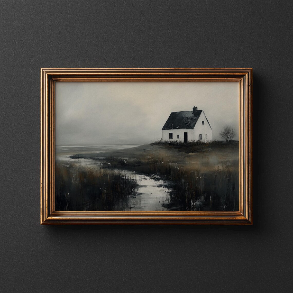 Moody White Farmhouse on Marsh Hill Foggy Monochrome Landscape Oil Poster